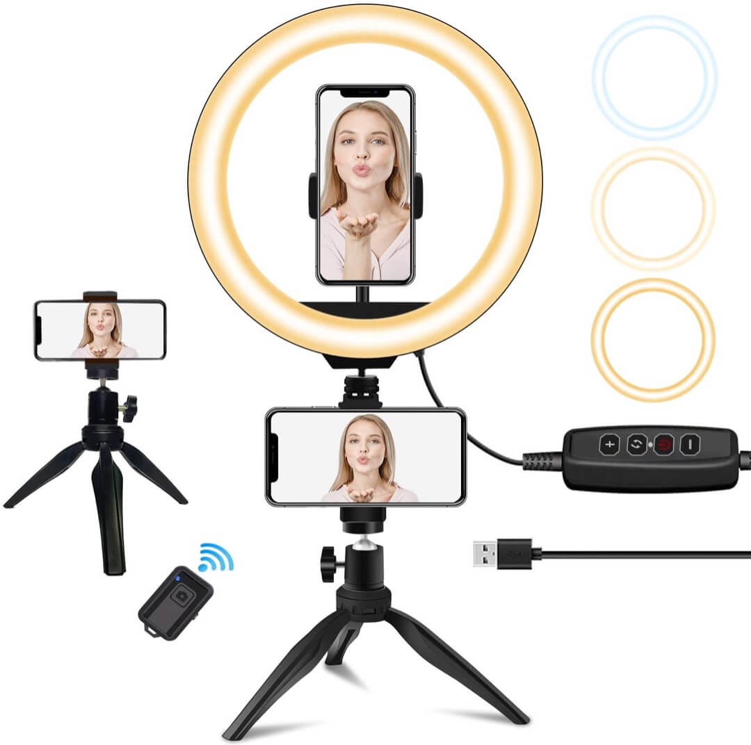 10 Selfie Ring Light with 2 Tripod Stands and Phone Holder SUMCOO Dimmable Circle Ring Light for Live Streaming/Makeup Tutorial/YouTube Video/Online Meeting Compatible with iPhone & Android Phone 